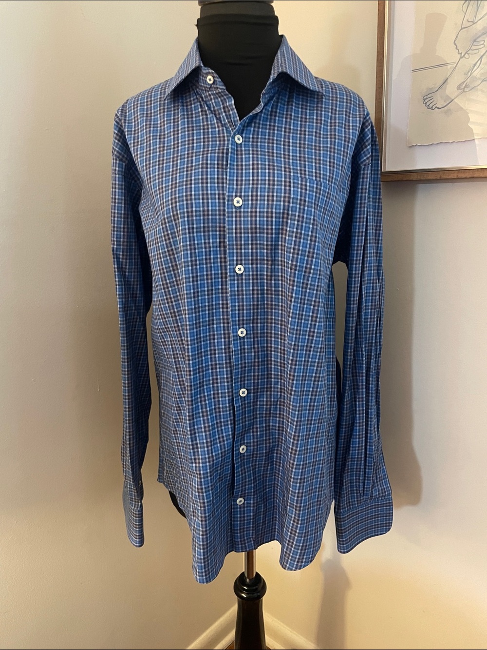 Peter Millar | Shirt Men Blue Plaid Long Sleeve Single Pocket Button Up -Large